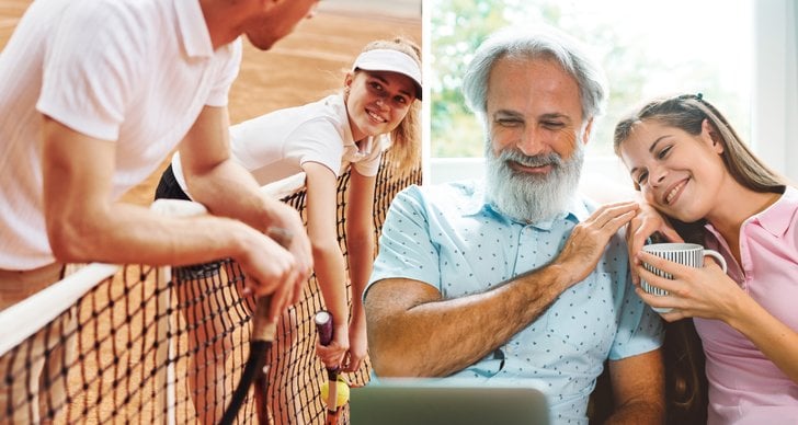 Dotter far spelar tennis och far dotter kollar laptop